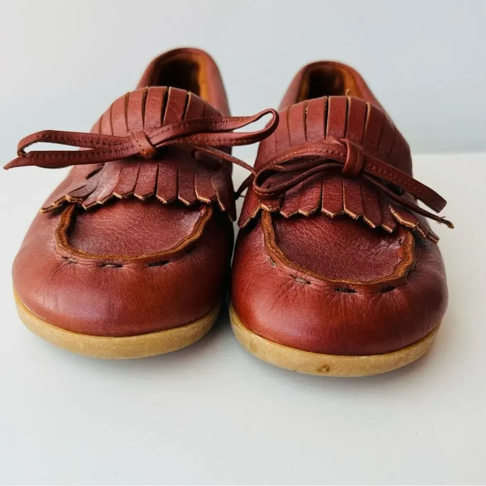 Vintage Red Brown Leather Fringe Moccasins Laced Wedge Rubber Sole Comfortable